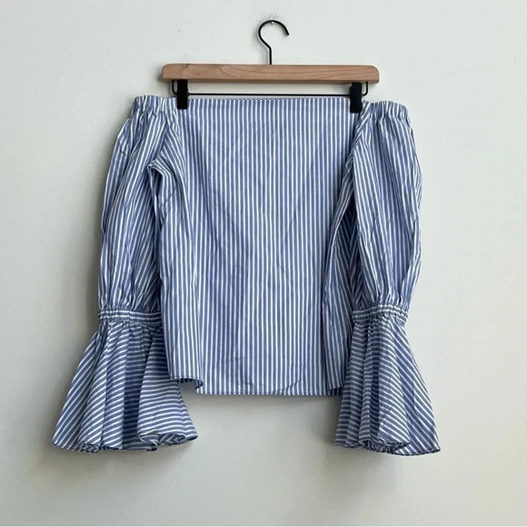 Alexis Juniper Blue Striped Off the Shoulder Flare Bell Sleeve Blouse Medium - Picture 8 of 10